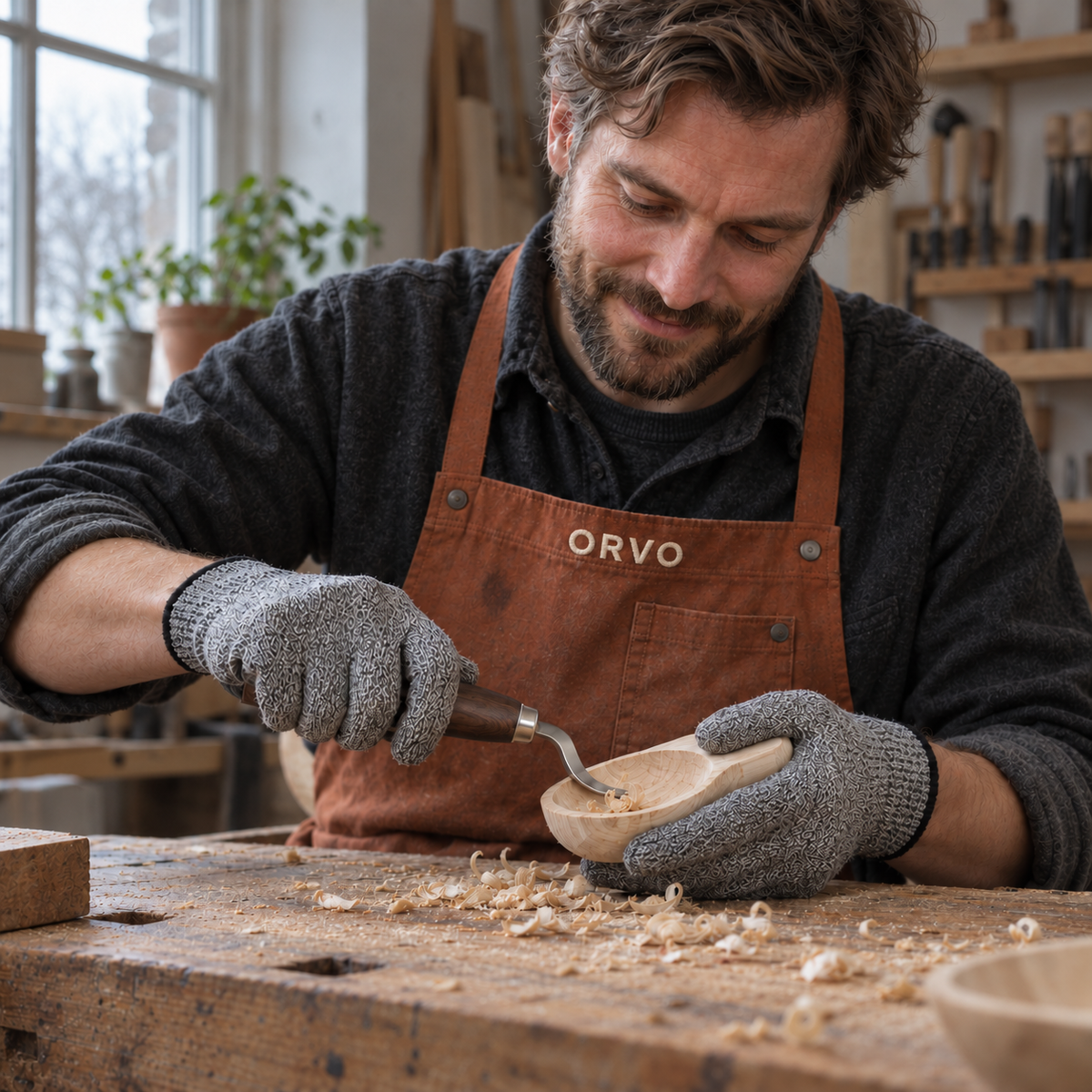 Primo piano di mani con i guanti che scavano un cucchiaio di legno con un coltello a uncino