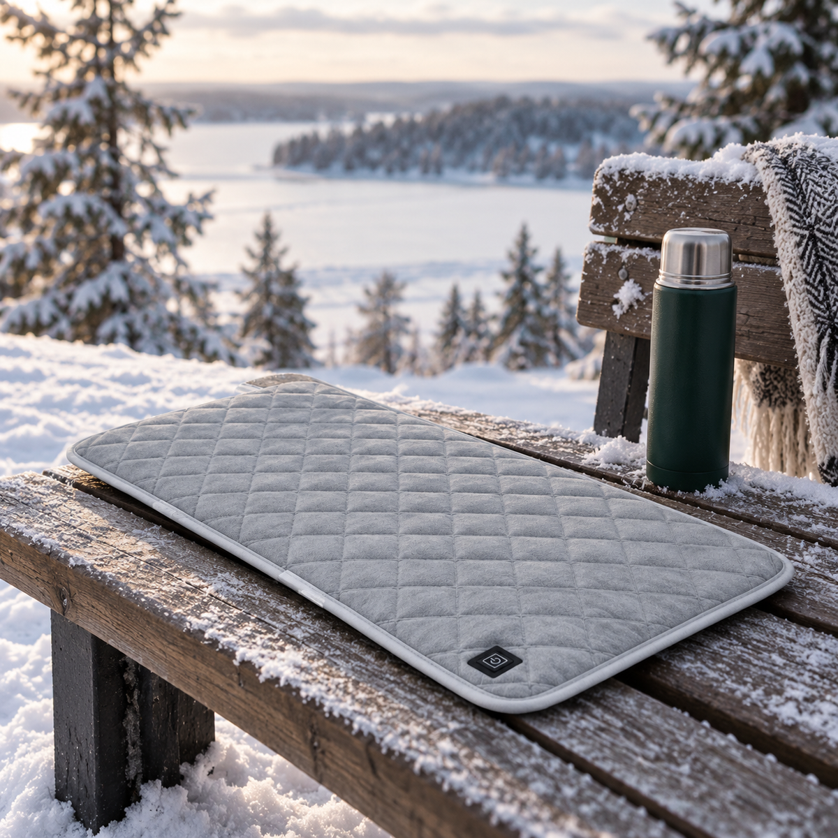 Cuscino riscaldante ORVO su una panca di legno innevata accanto a un thermos