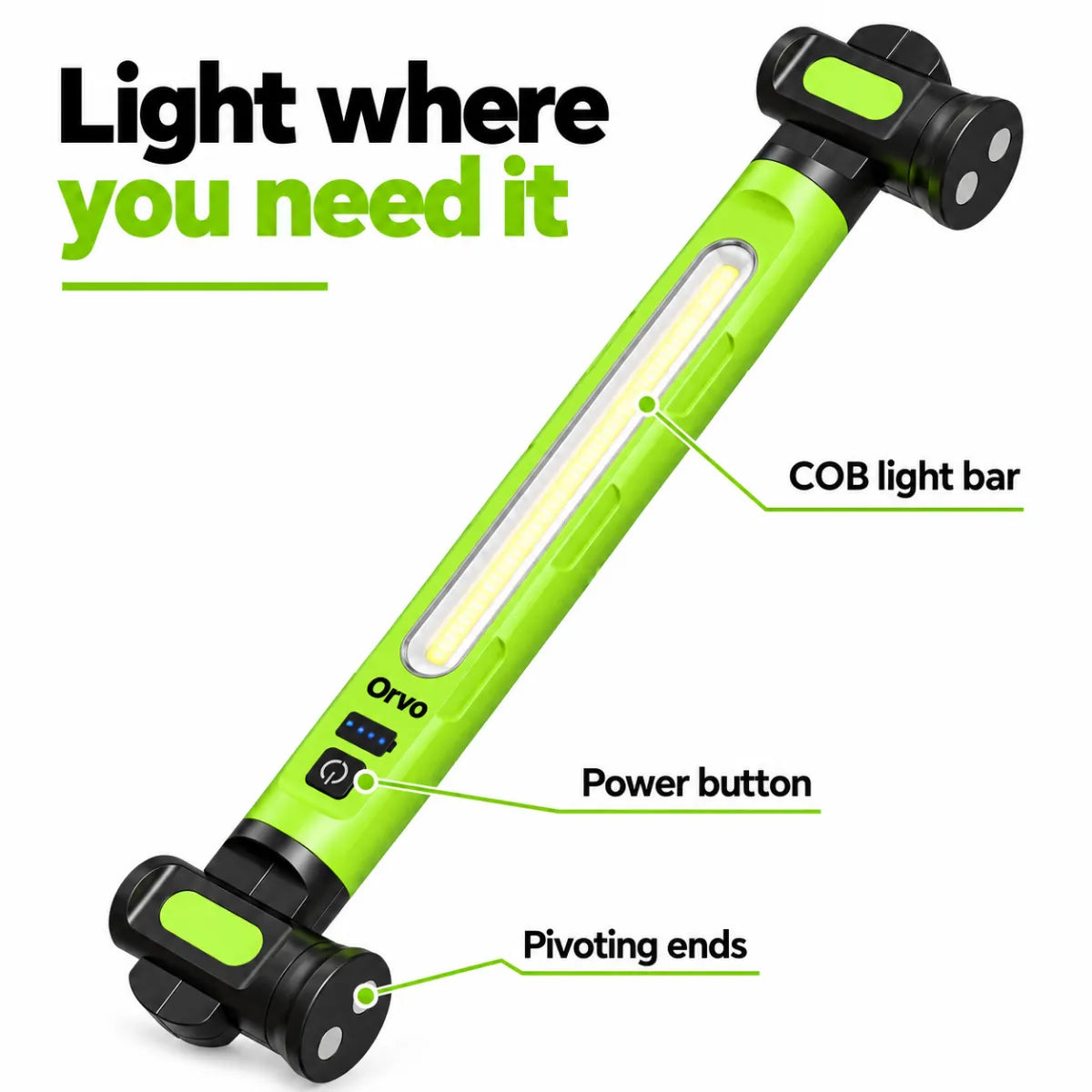 Parti della lampada da lavoro: barra luminosa COB, pulsante con indicatore di batteria ed estremità magnetiche orientabili