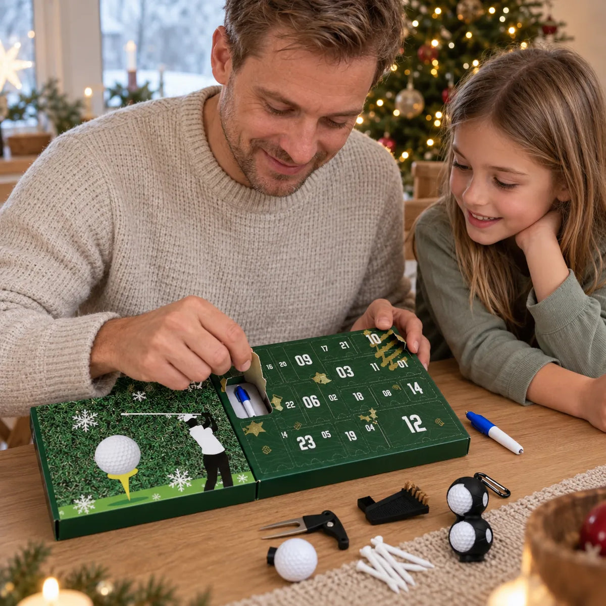 Papà e figlia aprono il calendario golf al tavolo della cucina con aggiustapitch, tee e portapalline davanti
