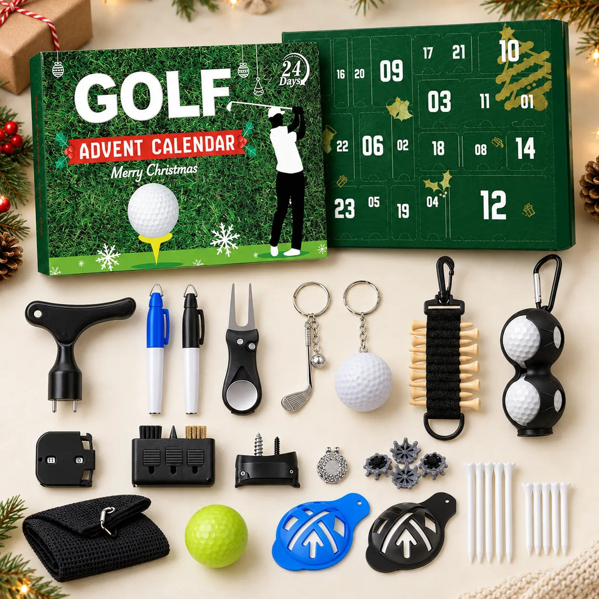 Calendario dell'Avvento golf con 24 caselle e gli accessori nascosti dietro: palline, tee, aggiustapitch, spazzola, asciugamano e marcatori di linea