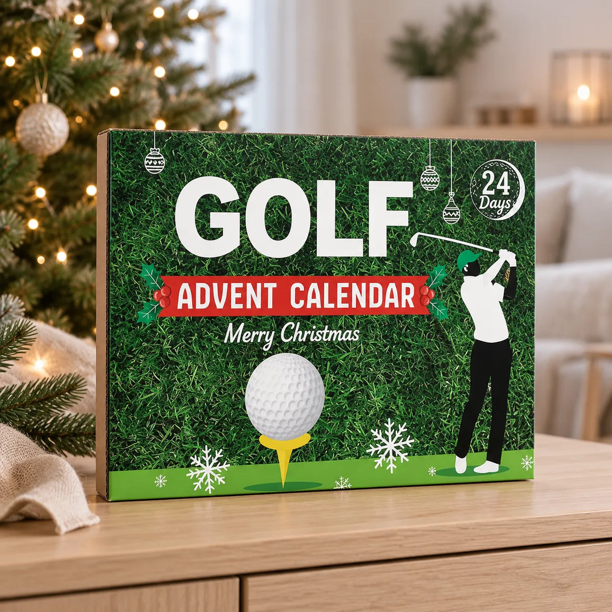 Calendario golf su una credenza in stile nordico con albero di Natale sullo sfondo