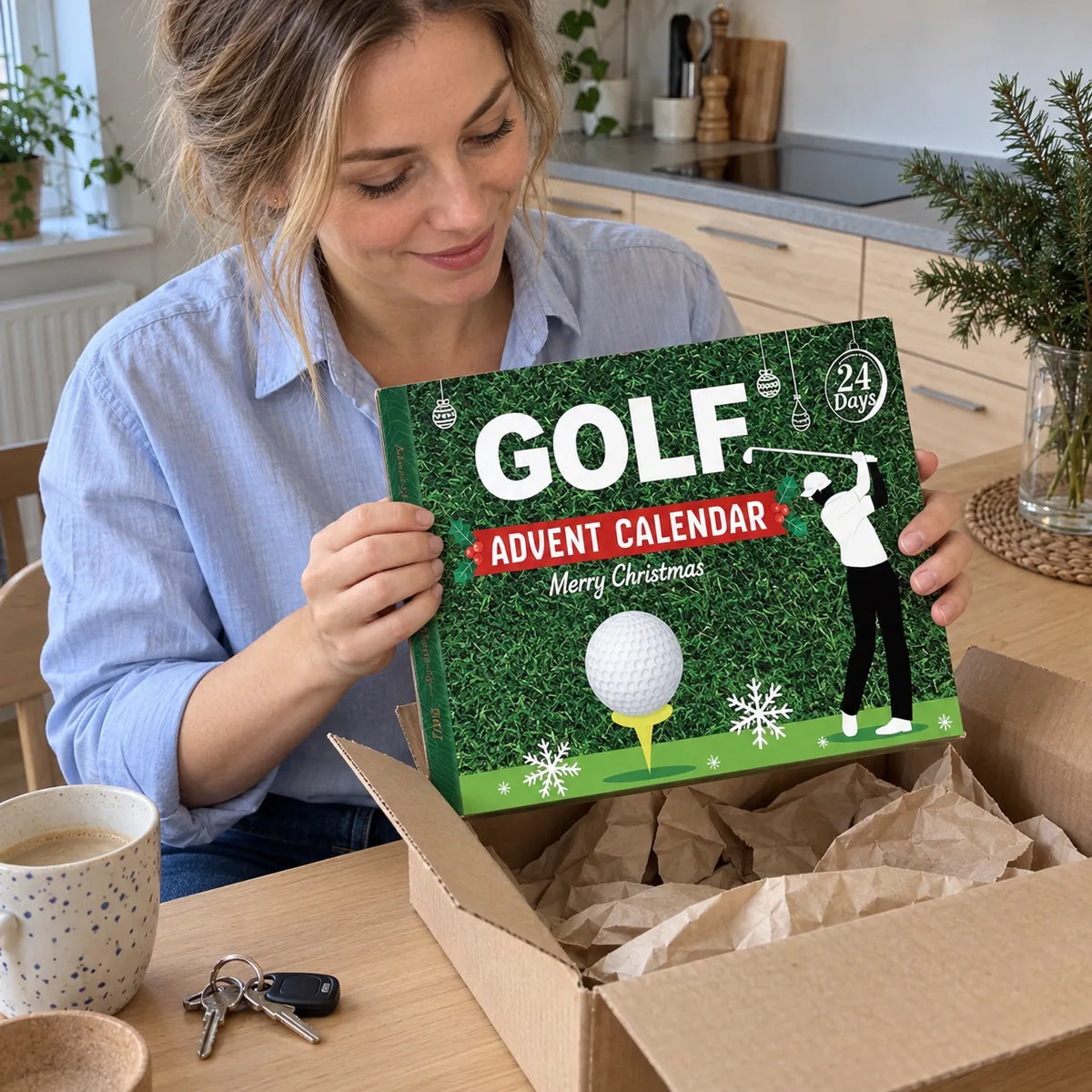 Donna estrae il calendario golf dalla scatola di spedizione al tavolo della cucina