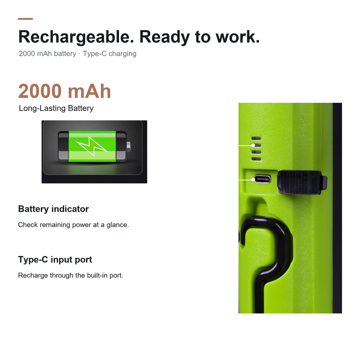 Batteria ricaricabile da 2000 mAh con indicatore di carica e porta USB-C sotto il tappo in gomma