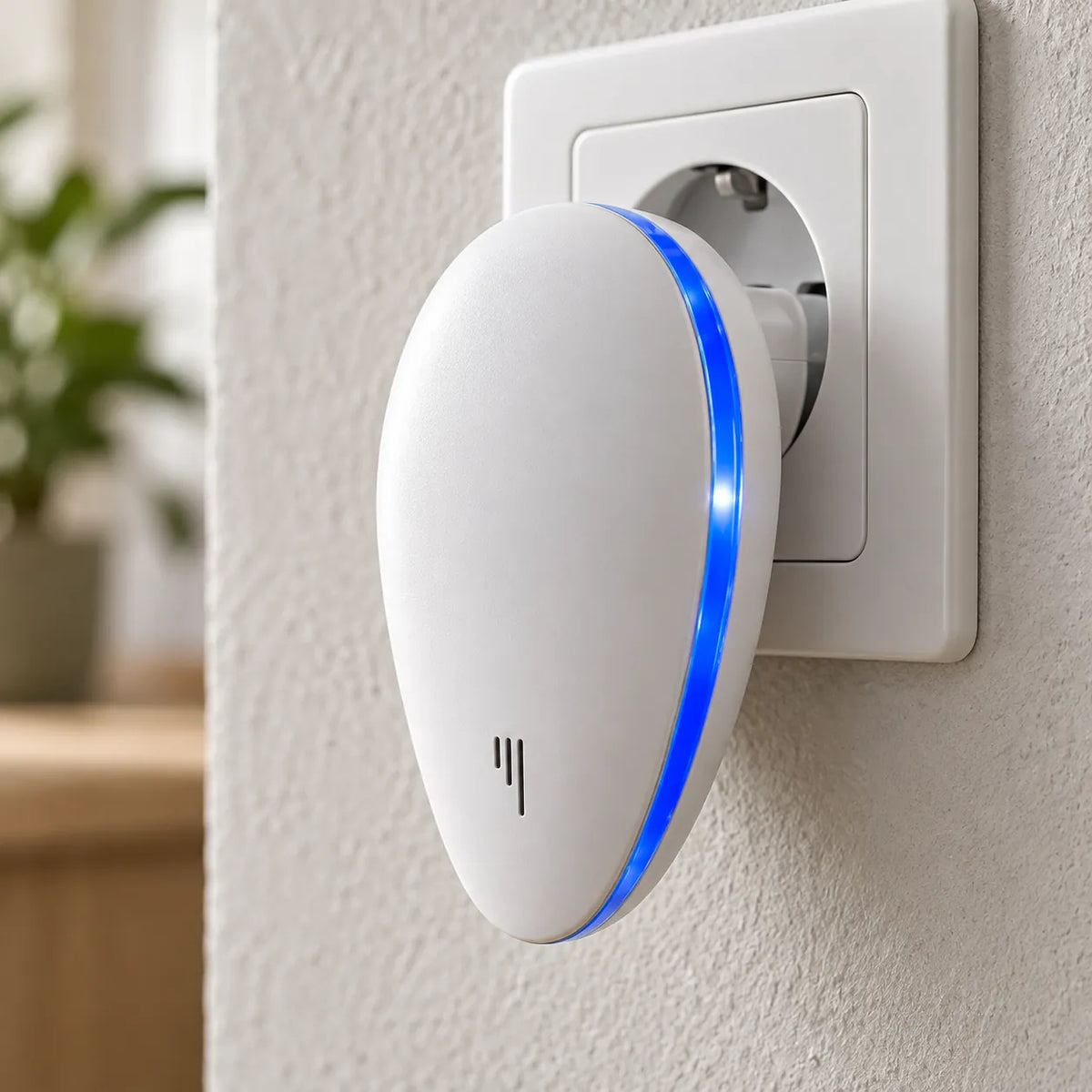 Primo piano di PestGuard in una presa a muro con l’anello LED blu acceso