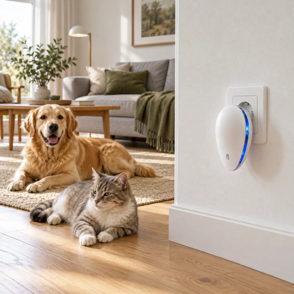 Golden retriever e gatto sdraiati sul pavimento del soggiorno accanto a PestGuard nella presa