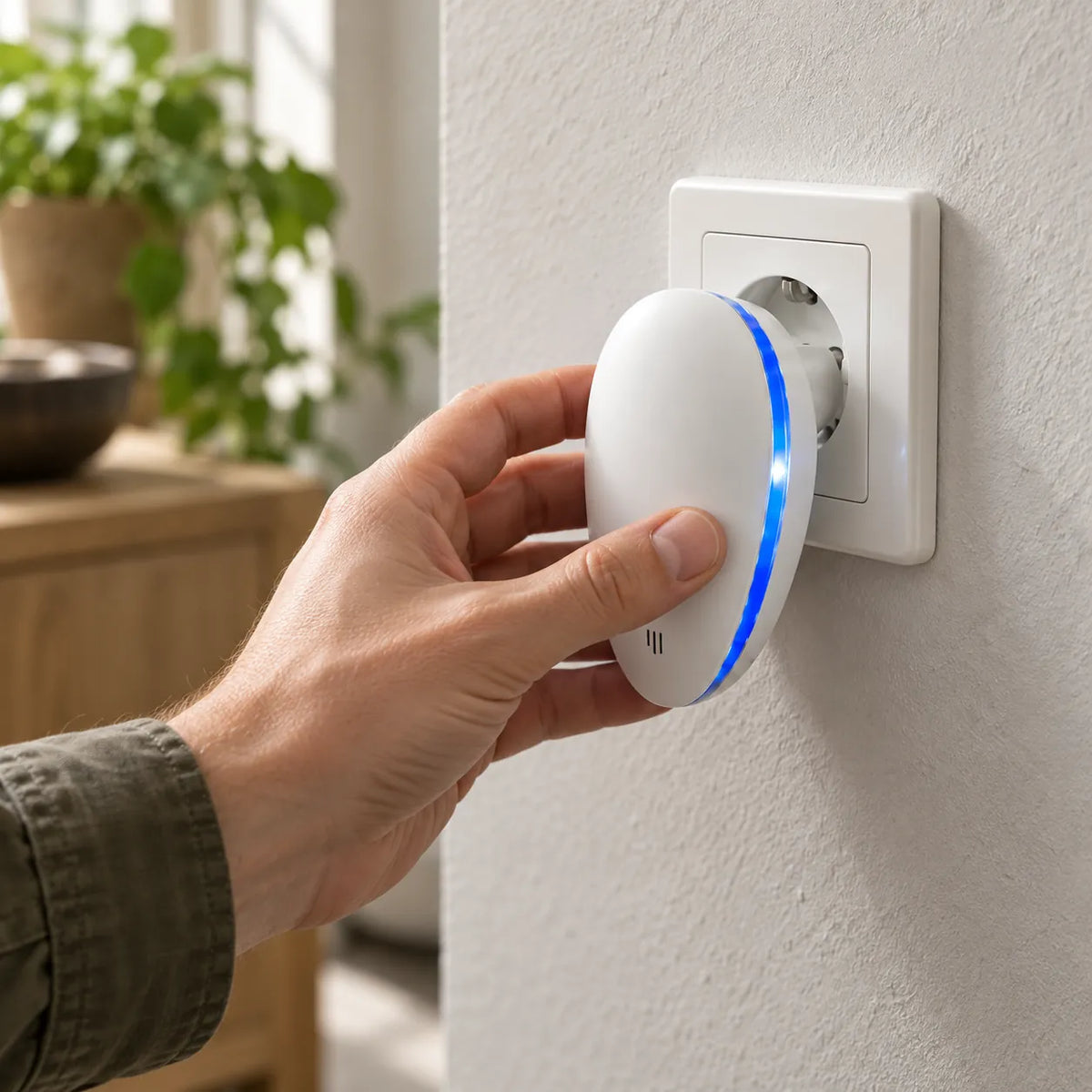 Una mano inserisce PestGuard in una presa a muro