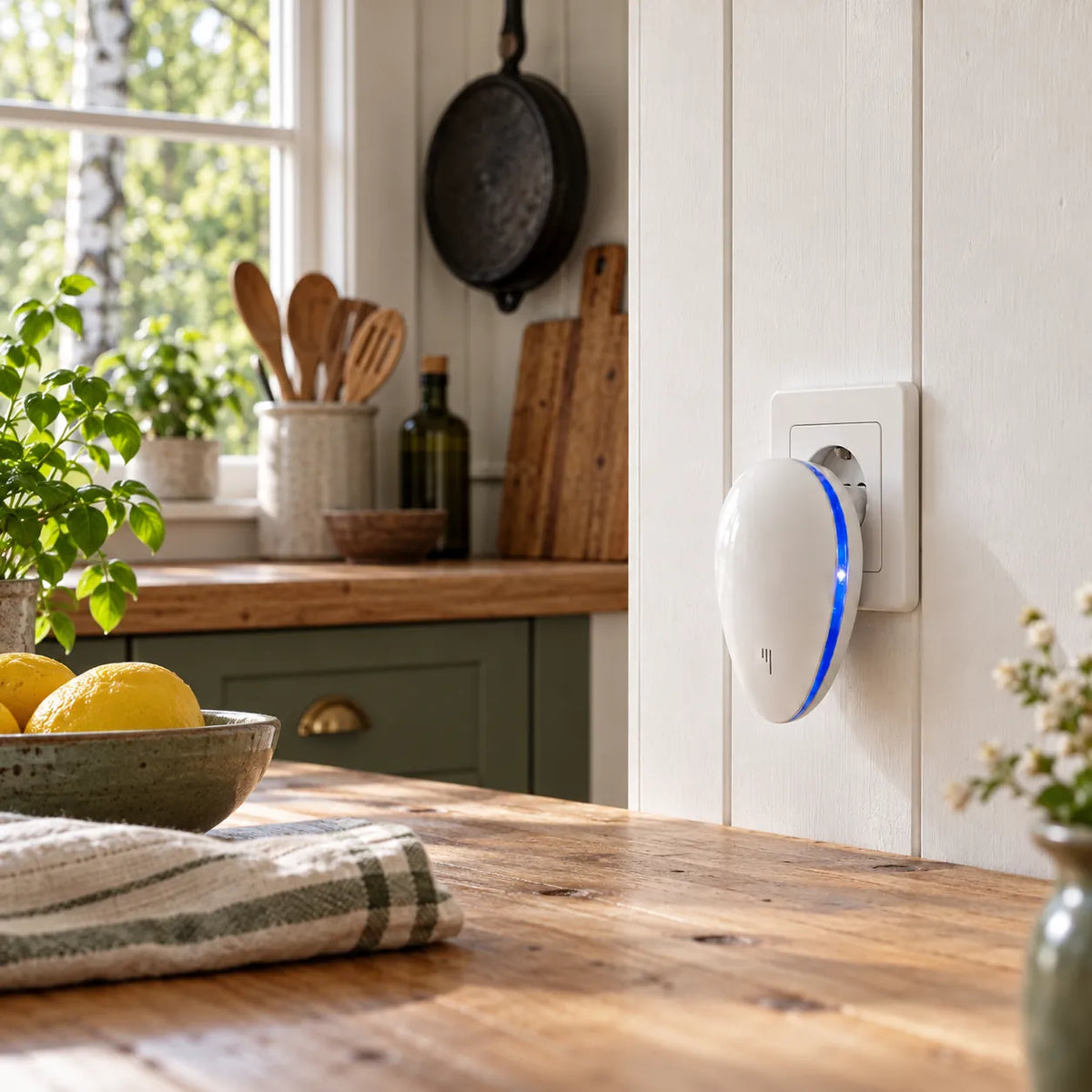 PestGuard in una presa accanto al piano di lavoro di una cucina rustica