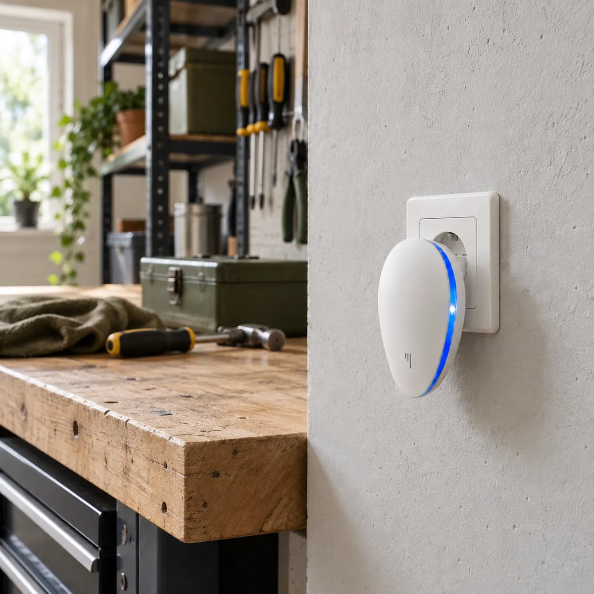 PestGuard in una presa sulla parete di cemento di un garage con banco da lavoro
