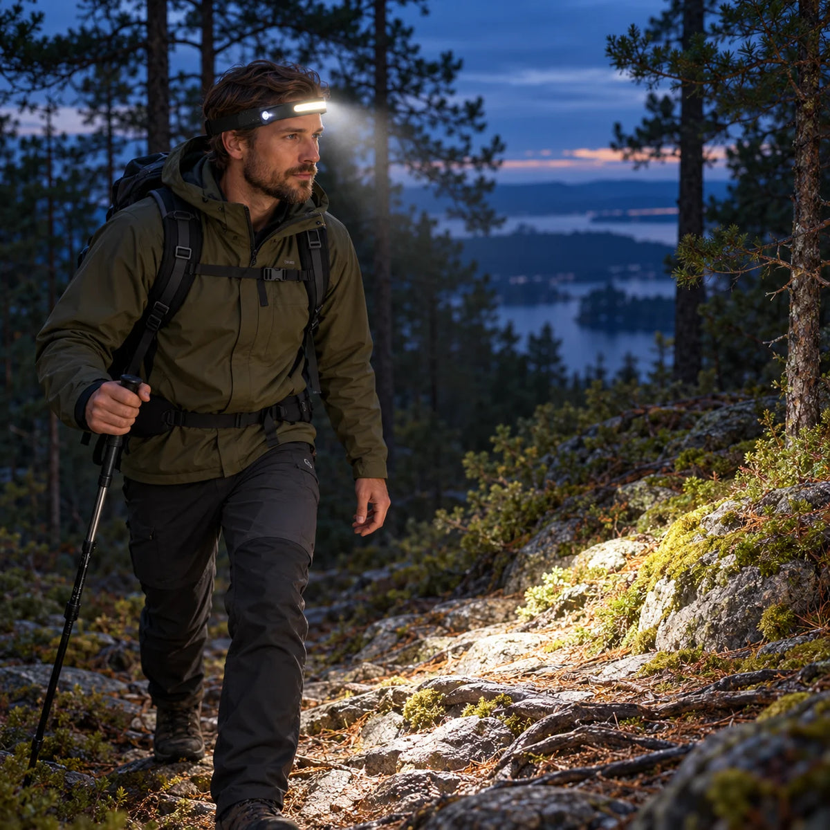 Uomo cammina su un sentiero nel bosco al tramonto con la lampada frontale che illumina pietre e muschio
