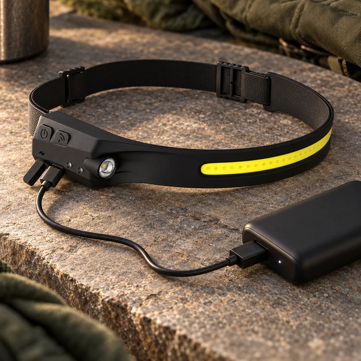 Lampada frontale in carica con cavo USB-C da una powerbank su una lastra di pietra