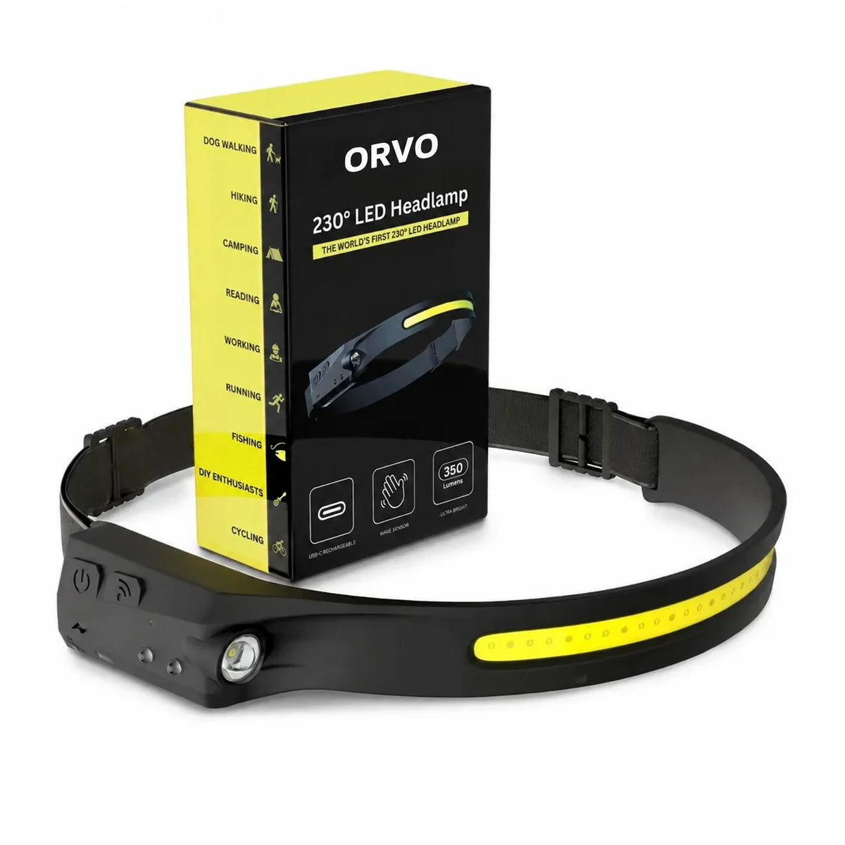 Lampada frontale ORVO LED 230° davanti alla confezione – ricarica USB-C, sensore di movimento e 350 lumen