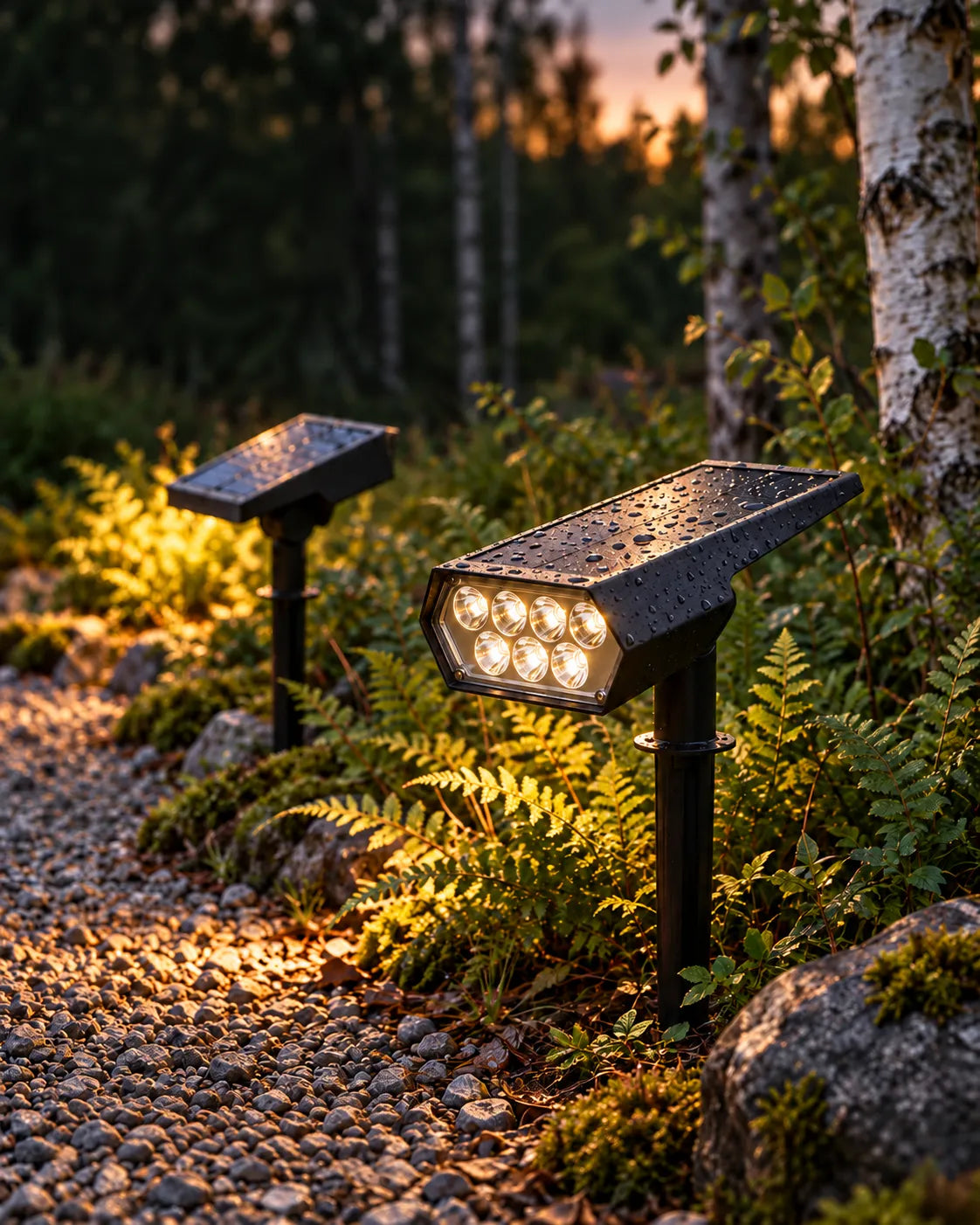 Due faretti solari con picchetto illuminano un vialetto di ghiaia e le felci al tramonto