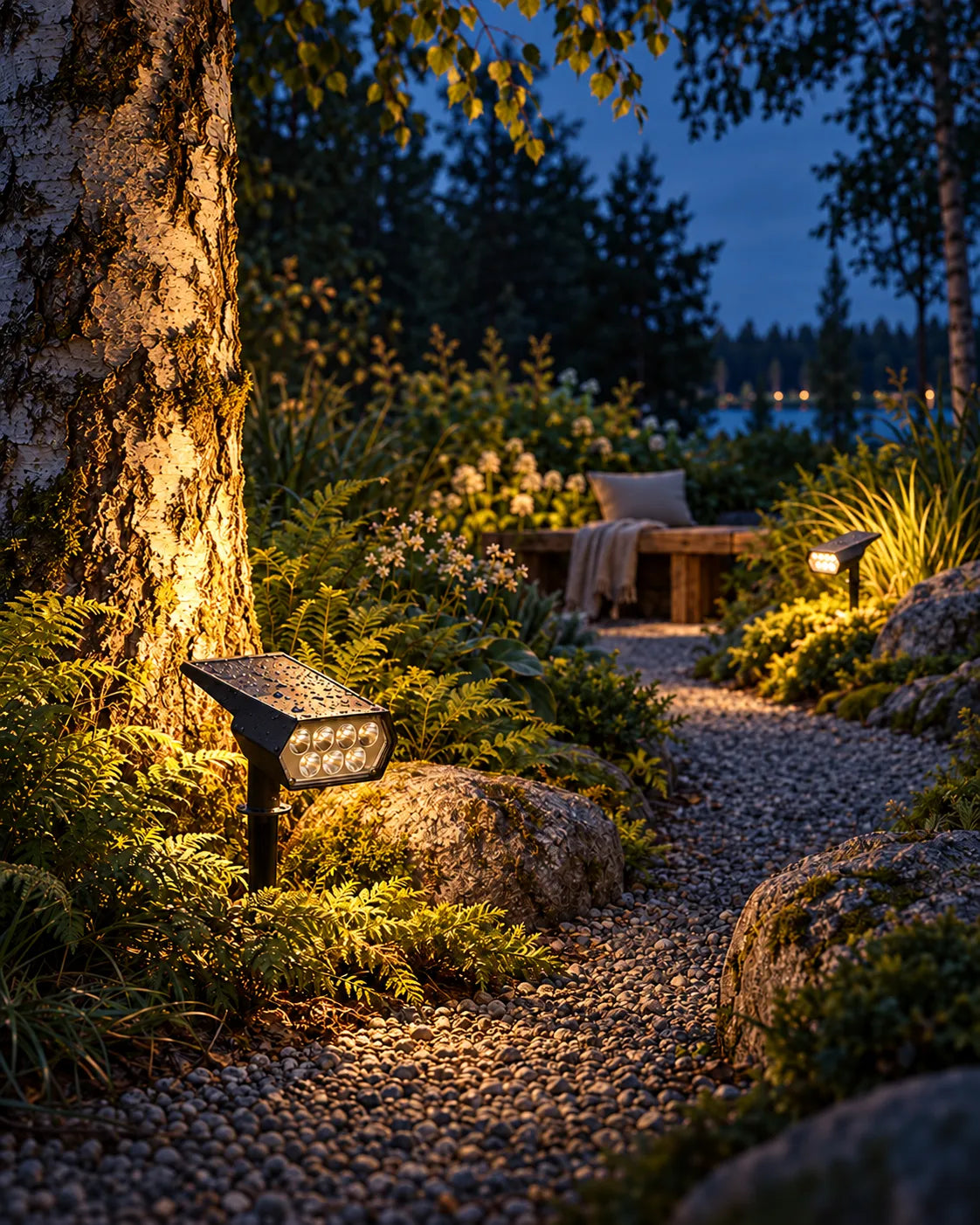 Giardino di sera con una betulla illuminata da un faretto solare, vialetto di ghiaia e panca con plaid
