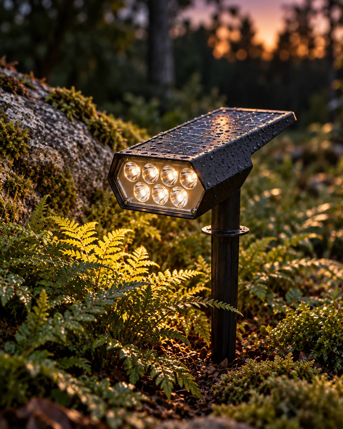 Faretto solare ORVO a sette LED acceso al tramonto tra le felci accanto a una roccia coperta di muschio